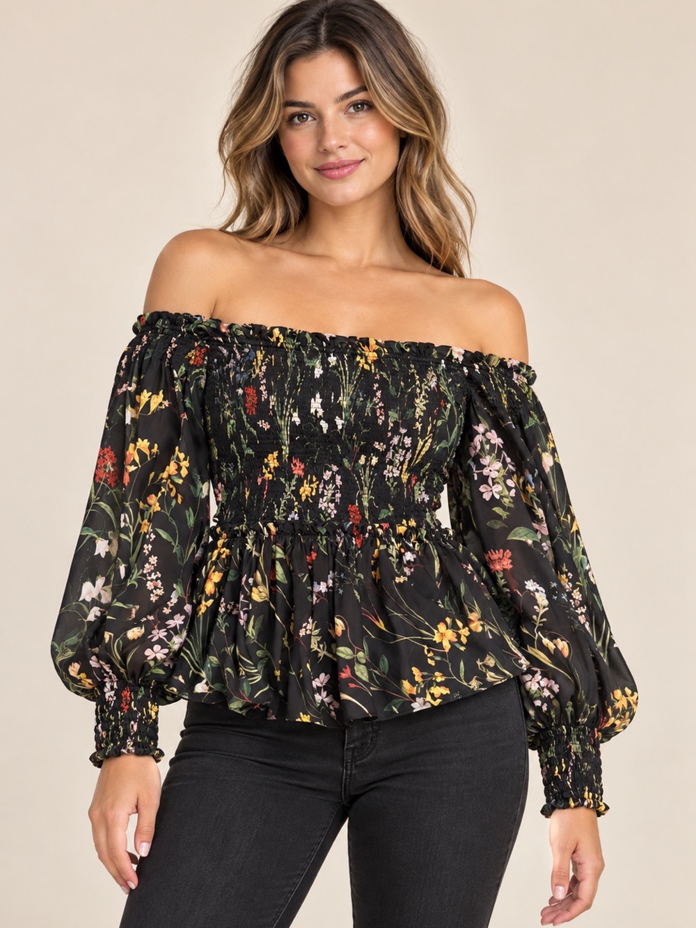 Smocked Off-Shoulder Floral Peplum Top - Black
